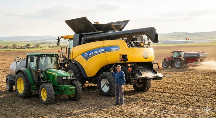 Un tractor modern lucrând pe câmp, reprezentând necesarul de motorină și îngrășăminte pentru care Comisia Europeană a aprobat ajutoare de stat.