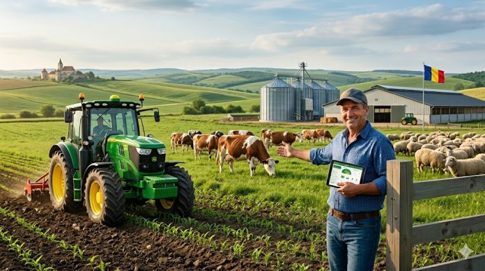 Peisaj agricol cu tractor la orizont și animale de fermă (vaci și oi) păscând, reprezentând sectoarele vegetal și zootehnic susținute de Guvern.