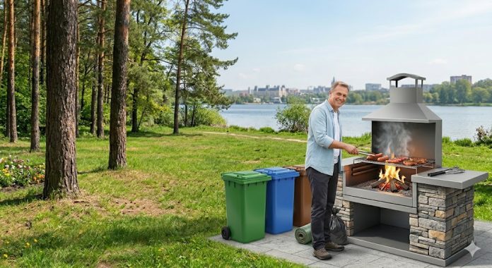 Bărbat gătind la un grătar modern amenajat lângă un lac, având alături coșuri pentru colectarea selectivă a deșeurilor, ilustrând respectarea Legii Picnicului.