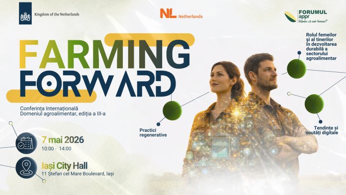 Reprezentare grafică agricultură regenerativă și digitalizare cu fermieri tineri în Iași.