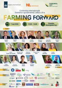 Poster Conferința Farming Forward Iași 7 mai 2026 cu lista speakerilor români și olandezi.