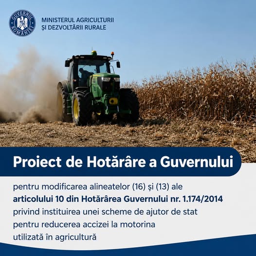 Poster oficial al Ministerului Agriculturii și Dezvoltării Rurale reprezentând un tractor în câmp și anunțul proiectului de HG pentru motorină.