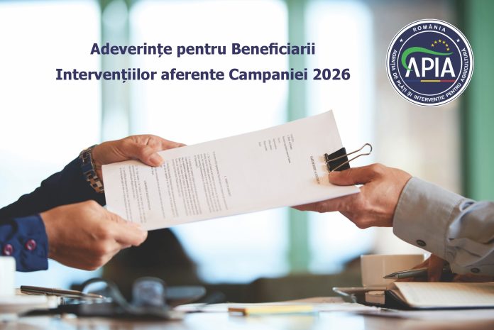 Imaginea prezintă procesul de eliberare a adeverințelor pentru fermierii care au depus cereri de plată la APIA în cadrul Campaniei 2026. Două persoane sunt ilustrate schimbând un document, simbolizând parteneriatul și sprijinul oferit agricultorilor. Titlul vizibil pe imagine confirmă obiectivul: 