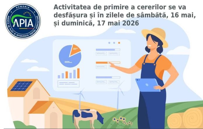 Grafică oficială APIA cu textul: Activitatea de primire a cererilor se va desfășura și în zilele de sâmbătă, 16 mai, și duminică, 17 mai 2026. Include sigla APIA și ilustrația unei fermiere cu tabletă într-un decor agricol.