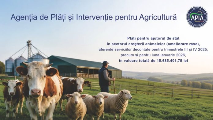 Imagine oficială APIA cu detalii despre plăți pentru ajutorul de stat în zootehnie și ameliorare rase în valoare de 15,68 milioane lei.