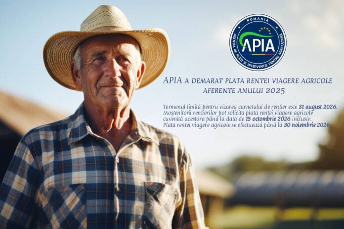 Fermier în vârstă cu pălărie de paie și cămașă în carouri lângă sigla APIA și textul explicativ privind termenele limită pentru renta viageră agricolă