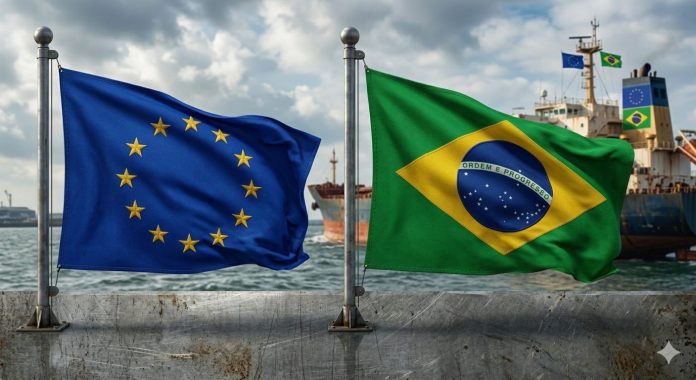 O navă de transport marfă navigând pe mare, flancată de steagurile Uniunii Europene și Braziliei, simbolizând tensiunile comerciale și rutele maritime afectate de suspendarea acestor importuri Brazilia UE.