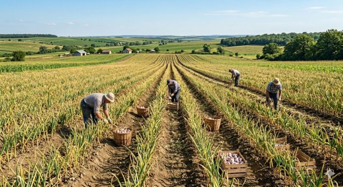 Fermieri culegând usturoi de pe un câmp, activitate agricolă susținută prin ajutorul de minimis 2026.