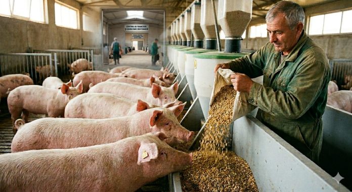 O imagine detaliată a unui rând de porci sănătoși hrănindu-se într-o fermă modernă. În troaca lor cu cereale, sunt amestecate monede euro și lei, precum și bancnote Euro și Lei, sugerând alocarea fondurilor guvernamentale și europene. Un porc chiar mănâncă o monedă. În fundal, se vede semnul 'CENTRUL DE FINANȚARE ȘI DEZVOLTARE ZOOTEHNICĂ' și dozatoare automate de hrană.