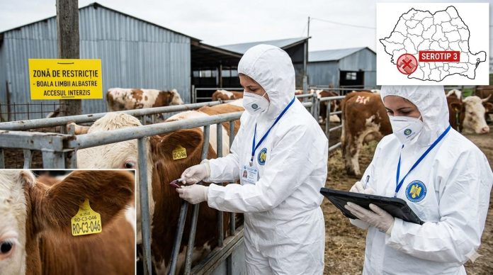 Medici veterinari în combinezoane albe de protecție luând probe de la o vacă într-o fermă din Mehedinți pentru depistarea virusului Bluetongue serotip 3.