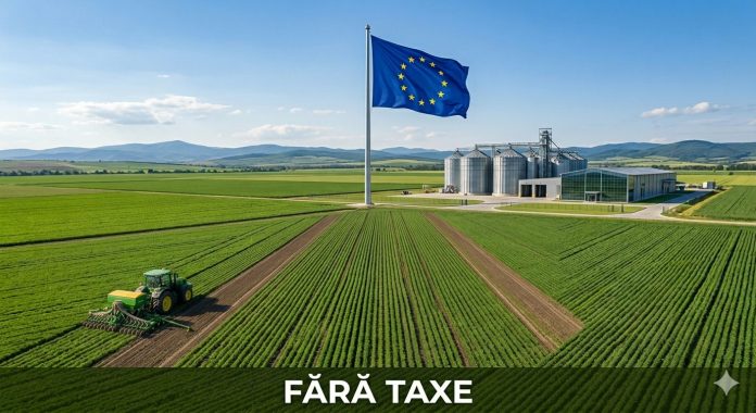 Tractor pe un câmp agricol modern cu steagul Uniunii Europene în fundal, simbolizând măsurile pentru importuri îngrășăminte UE fără taxe.