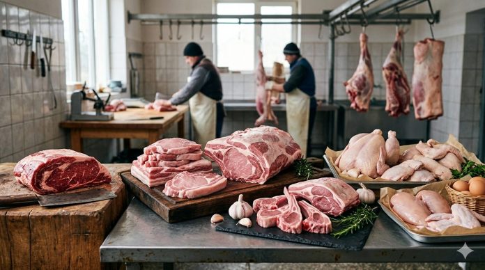 O vedere de ansamblu într-o hală de procesare a cărnii din România, arătând o varietate de carne proaspătă de porc, vită, pasăre și miel expusă pe mese de lemn și tăvi, cu doi măcelari lucrând în fundal.