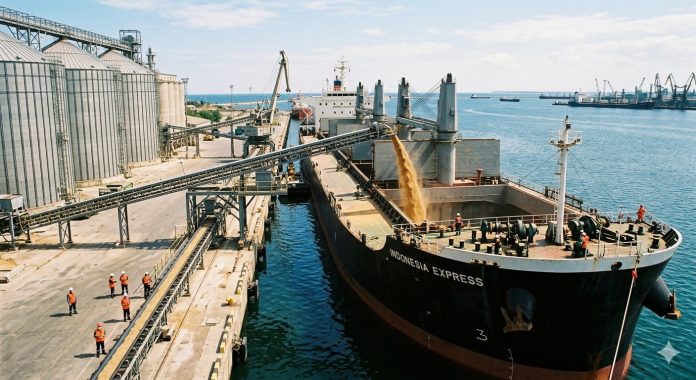 Operatiune de incarcare a graului romanesc pe o nava comerciala in port pentru exportul in Indonezia