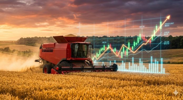 Combină agricolă recoltând grâu la apus cu un grafic bursier ascendent suprapus, simbolizând creșterea prețului grâului.
