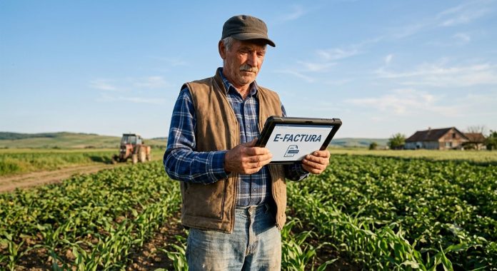 Un fermier în vârstă din Iași, purtând vestă și șapcă, privește confuz o tabletă cu o eroare e-Factura pe câmp. În fundal se observă un tractor și un lan de porumb tânăr, iar în prim-plan o simulare a unei erori de conectare la sistemul RO e-Factura.