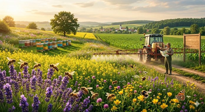 O ilustrare artistică a coexistenței dintre agricultura modernă și apicultură: albine culegând nectar de pe lavandă într-un câmp plin de flori, cu o fermă de stupi în fundal, în timp ce un fermier se consultă cu un manual lângă un tractor de stropit.