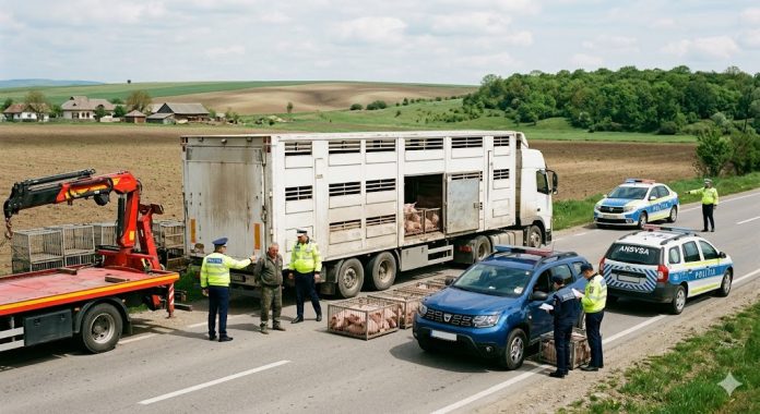 Control ANSVSA și Poliție pe marginea drumului, cu confiscarea unui camion plin de porci.