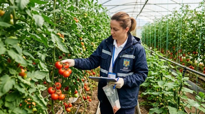 O femeie inspector ANF, purtând mănuși și uniformă, verifică o recoltă de roșii timpurii într-un solar din România. Ea ține o mapă și o pungă cu eșantioane.