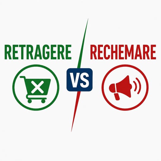 Infografic ANSVSA explicând diferența dintre Retragere și Rechemare. În stânga, textul verde Retragere cu o pictogramă de cărucior de cumpărături barat; în dreapta, textul roșu Rechemare cu o pictogramă de megafon.