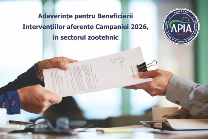 Două persoane care își înmânează un document oficial deasupra unui birou. În colțul din dreapta sus apare sigla oficială APIA România, iar pe fundal este scris textul: Adeverințe pentru Beneficiarii Intervențiilor aferente Campaniei 2026, în sectorul zootehnic