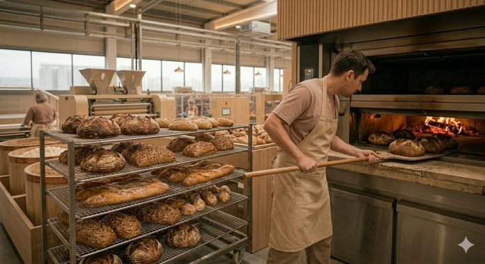 Brutar care introduce pâine artizanală în cuptorul unei unitati moderne de procesare dotate prin fonduri europene.