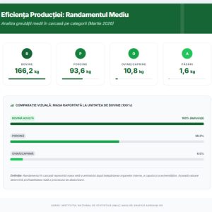 Un al doilea infografic tehnic AgroIași.ro pe fundal verde și alb, intitulat 'RANDAMENTUL MEDIU PE CATEGORII DE ANIMALE (MARTIE 2026)'. Afișează pictograme și date pentru greutatea medie în carcasă: Bovine 166.2 kg, Porcine 93.6 kg, Ovine/Caprine 10.8 kg și Pasăre 1.6 kg, folosind diagrame proporționale verzi.