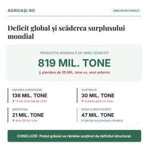 Infografic AgroIași prezentând scăderea producției mondiale de grâu la 819 milioane de tone și pierderile majore în UE, Australia și Argentina.
