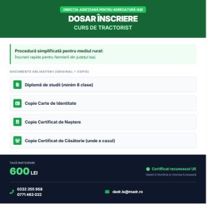 Listă documente necesare și date contact curs tractorist organizat de Direcția Județeană pentru Agricultură Iași.