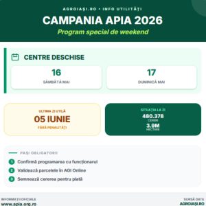 Infografic despre campania de depunere APIA 2026 care detaliază programul special de weekend din 16 și 17 mai și termenul limită de 5 iunie pentru cereri de plată.