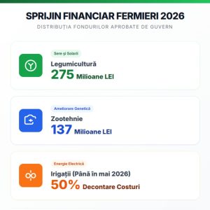 Infografic cu distribuția fondurilor guvernamentale pentru agricultură în 2026: 275 milioane lei pentru legumicultură, 137 milioane lei pentru zootehnie și 50% decontare energie irigații.