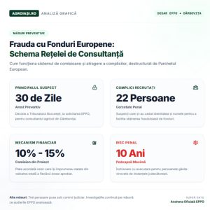 Infografic jurnalistic pe fundal alb despre o frauda fonduri europene în agricultură, reprezentând reținerea unui consultant în Dâmbovița de către EPPO, cele 22 de persoane cercetate, comisioanele de 10-15% și riscul unei pedepse de 10 ani de închisoare.