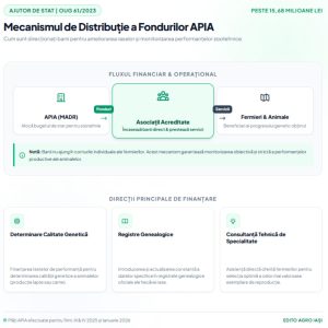 Infografic pe fond alb cu schema de distribuție pentru ajutor de stat creșterea animalelor prin plăți APIA.