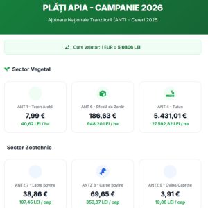 Infografic cu valorile subvențiilor APIA 2026: Teren arabil (7,99 euro/ha), Sfeclă de zahăr (186,63 euro/ha), Lapte bovine (38,86 euro/cap), Carne bovine (69,65 euro/cap) și Ovine (3,91 euro/cap).