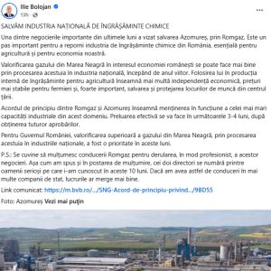 Captură de ecran a unei postări de pe Facebook a lui Ilie Bolojan, cu titlul „SALVĂM INDUSTRIA NAȚIONALĂ DE ÎNGRĂȘĂMINTE CHIMICE”, însoțită de o imagine a combinatului Azomureș.