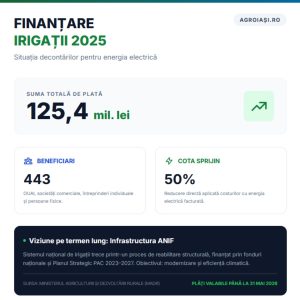 Infografic despre decontarea energiei pentru irigații în 2025: buget total de 125,4 milioane lei, 443 de beneficiari și cotă de sprijin de 50%.