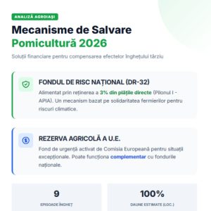 Infografic explicativ privind mecanismul de compensare a pierderilor agricole prin Fondul de Risc și reținerea de 3% din plățile PAC.