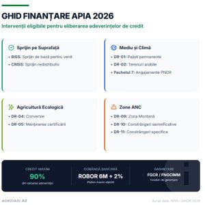 Diagramă care prezintă lista intervențiilor APIA 2026 eligibile pentru credite, incluzând BISS, CRISS, agro-mediu și agricultura ecologică, cu detalii despre plafonul de 90% și dobânzi.
