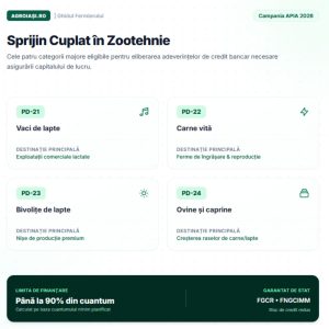 Infografic pătrat pe fundal alb și verde cu cele 4 categorii de sprijin cuplat în zootehnie APIA 2026: PD-21 vaci de lapte, PD-22 carne vită, PD-23 bivolițe de lapte, PD-24 ovine și caprine. În partea de jos este evidențiată limita de finanțare de până la 90% din cuantum și garantarea de stat prin FGCR și FNGCIMM.