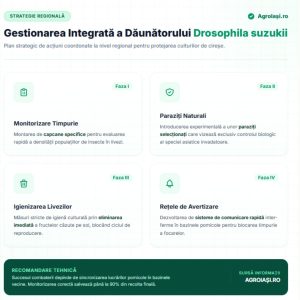 Infografic cu planul strategic în 4 faze pentru gestionarea integrată a dăunătorului Drosophila suzukii în livezile de cireșe din Europa.
