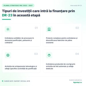 Infografic oficial cu cele patru tipuri de investitii eligibile pentru finantare AFIR procesare prin interventia DR 23 din Planul Strategic PAC.