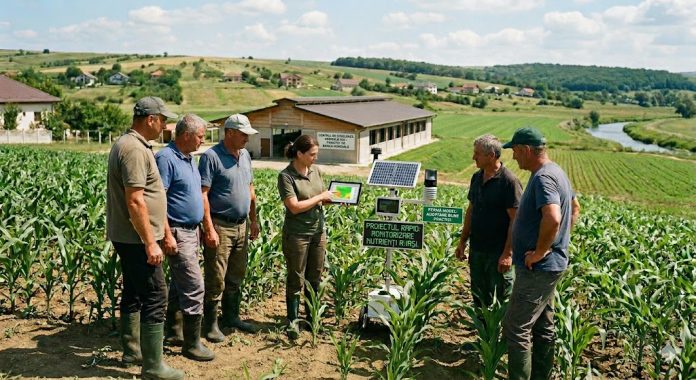 Specialist agricol prezentând date pe tabletă unui grup de fermieri lângă o stație digitală de monitorizare a solului într-o fermă-model din cadrul proiectului RAPID finanțat de Ministerul Mediului.