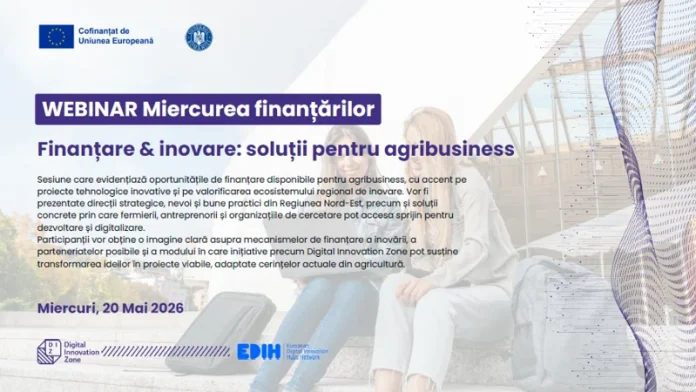 Afișul oficial al webinarului Miercurea finanțărilor cu titlul Finanțare și inovare: soluții pentru agribusiness, organizat de Digital Innovation Zone pe 20 Mai 2026.