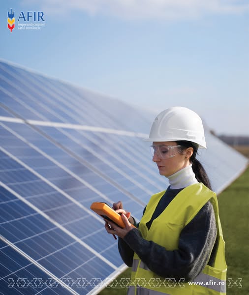 Inginer verificând o instalație finanțată prin fonduri pentru panouri fotovoltaice în agricultură.
