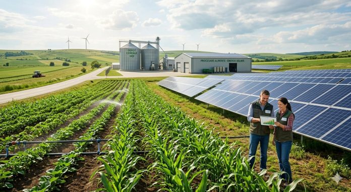 Trei specialiști analizează pe tabletă un proiect de energie regenerabilă în agricultură în fața unui parc de panouri fotovoltaice din județul Iași