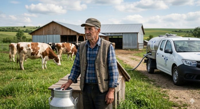Fermier roman langa o cisterna de colectare in timp ce o masina preia laptele din sectorul laptelui