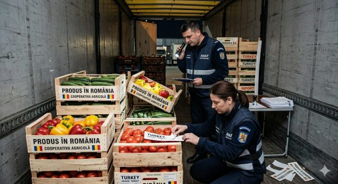 Inspectori ANAF Antifraudă verifică lăzi cu roșii și legume din Turcia reetichetate în interiorul unui camion tir.