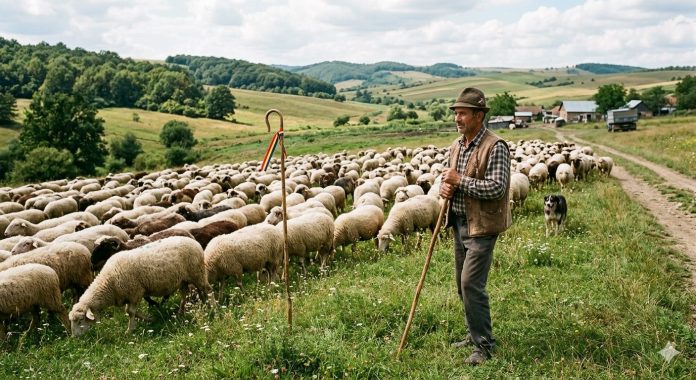 O turmă mare pe o pășune din România, reprezentând impactul blocajului privind un export de ovine interzis de Comisia Europeană.
