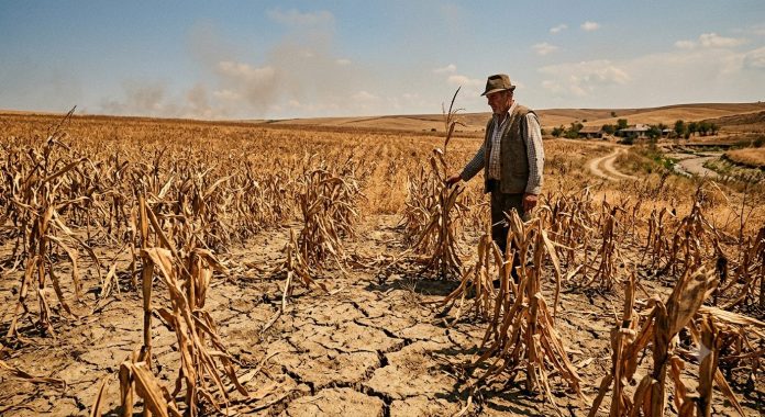 Un fermier român în vârstă, purtând o pălărie și o vestă de lână, stă descurajat în mijlocul unui lan de porumb distrus de secetă, atingând o plantă uscată și ofilită. Pământul este adânc crăpat, iar în fundal se observă un deal pustiu, fum în depărtare și câteva clădiri rurale, sub un cer cu nori răzleți