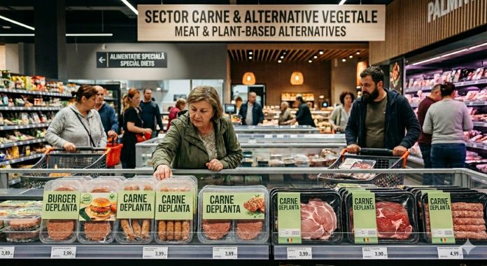 Cumpărători la un raion de produse pe bază de plante și preparate din carne într-un supermarket din Iași