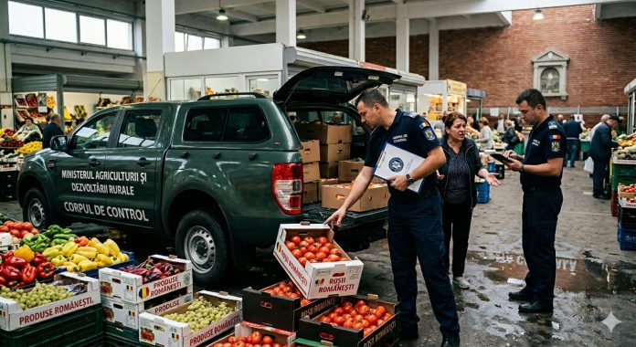 Inspectori ai Corpului de control din Ministerul Agriculturii verificând lăzile cu marfă în cadrul anchetei privind cazurile de fraude cu legume românești